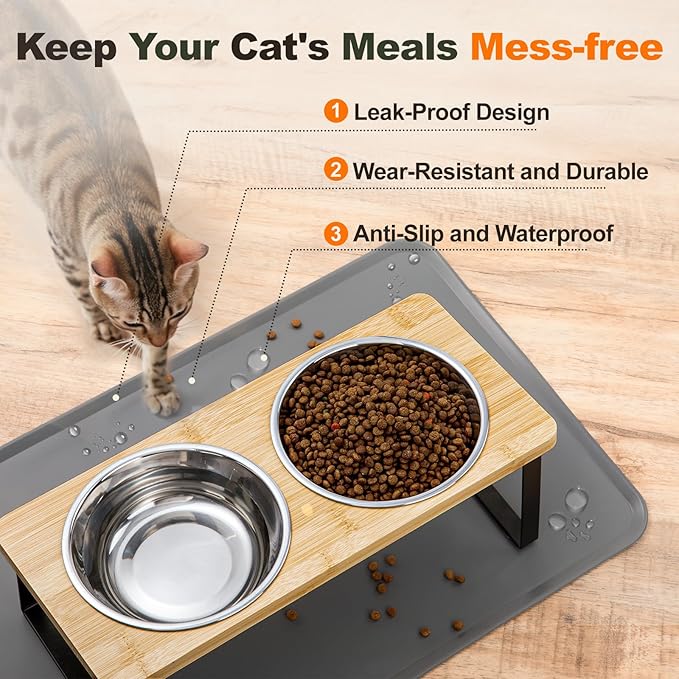 Elevated Cat Food Bowls with Mat Whisker Friendly, 15°Tilted Raised Cat Water Dishes Set for Anti Vomit, Pet Holder Stand Feeding Station for Indoor Kitten and Puppy Dog