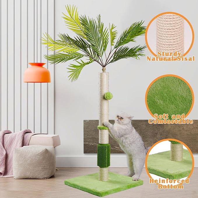 MeowHomm 40" Tall Cat Scratching Post, Scratching Post for Indoor Cats with Natural Sisal, Balls and Self Groomer Brush, Cute Cat Scratcher for Kittens