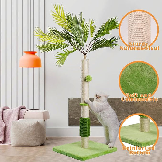 MeowHomm 40" Tall Cat Scratching Post, Scratching Post for Indoor Cats with Natural Sisal, Balls and Self Groomer Brush, Cute Cat Scratcher for Kittens