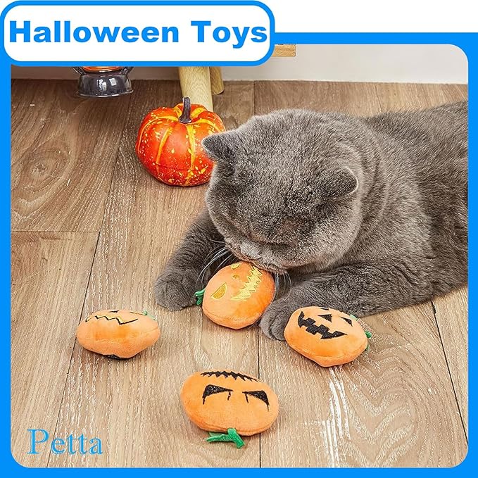 Halloween Cat Toys, Pumpkin Squeak Toys for Cats Dogs Indoor, 4Pcs