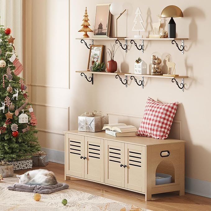 DINZI LVJ Litter Box Enclosure for 2 Cats, Hidden Litter Box Furniture with Double Rooms, Dual Pet House with Good Ventilation, 47.2" Hidden Cat Washroom, Wooden Cabinet, Easy Assembly, Natural