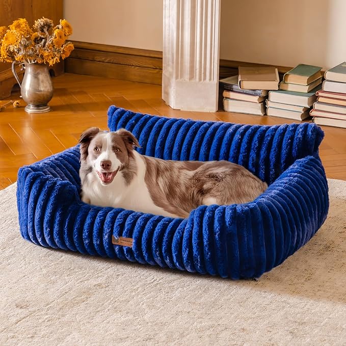 MEWOOFUN Dog Sofa Bed, Fluffy Dog Couch with Removable Washable Cover, Supportive Puppy Bed for Medium Sized up to 45 lbs (Navy Blue, 36x28x12)