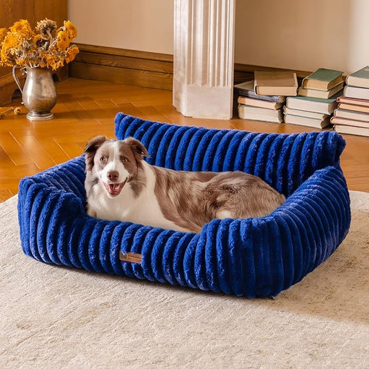 MEWOOFUN Dog Sofa Bed, Fluffy Dog Couch with Removable Washable Cover, Supportive Puppy Bed for Medium Sized up to 45 lbs (Navy Blue, 36x28x12)