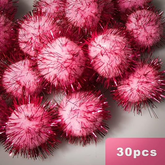 VAPKER 30 Piece 1.5" Pink Color Sparkle Balls Cat's Favorite Toy Tinsel Pom Poms Glitter