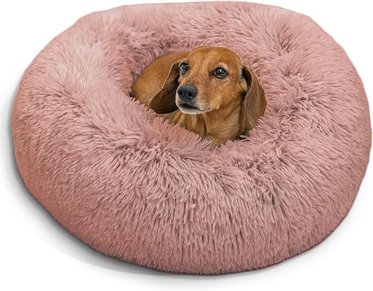 Best Friends by Sheri Original Calming Donut Dog and Cat Bed, Shag Faux Fur, Dusty Rose, (23in x 23in) - Anxiety Relief for Pets Up to 25 lbs