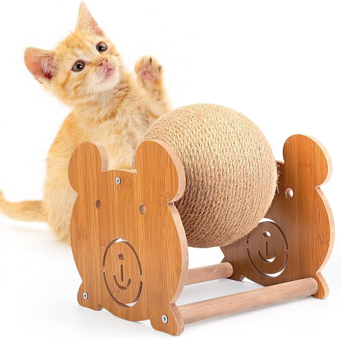 Outamateur Cat Scratching Ball Toy, Sisal Scratching Ball with Cute Stable Stand, Interactive Play and Exercise Toy for Kittens, Cats, Small Pets (Bear)
