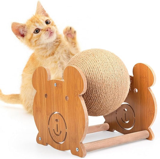 Outamateur Cat Scratching Ball Toy, Sisal Scratching Ball with Cute Stable Stand, Interactive Play and Exercise Toy for Kittens, Cats, Small Pets (Bear)