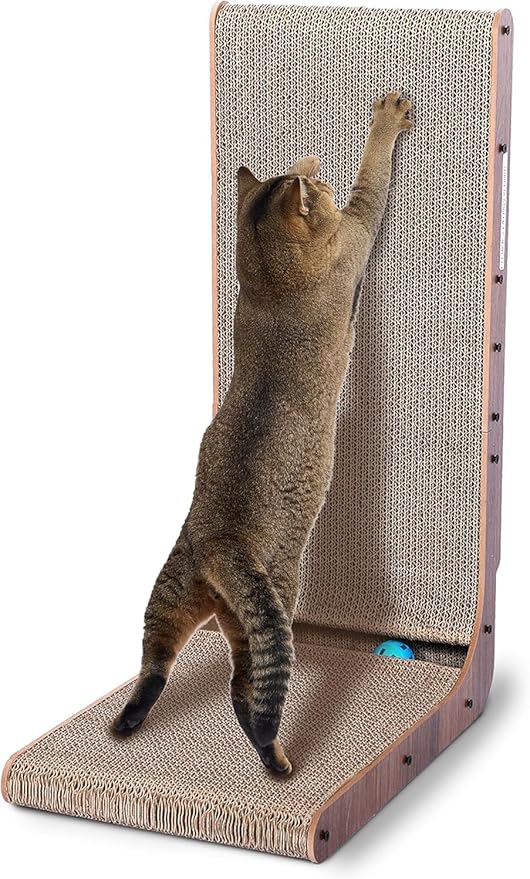 Cat Scratcher with Cat Toys Ball Track, Build-in Ball, L-Shaped Scratcher, Cardboard Lounge Bed, Stable and Durable, Furniture Protector, Reversible
