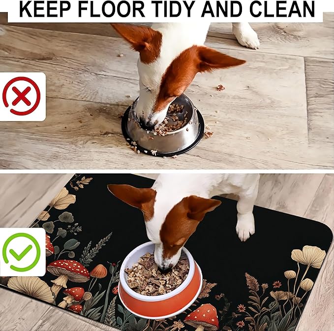 Vintage Mushroom Flower Pet Cat Dog Food Mat-Absorbent Quick Dry Feeding Placemat for Water and Food, No Stains Rubber Base Mat for Indoor Use, Pet Accessories 12"x20"