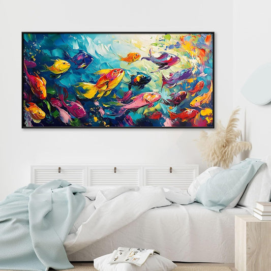 School of Fish Printed Canvas Wall Art – Framed Abstract Ocean Print – Vibrant Fish Wall Decor for Living Room, Bedroom, Office (Black Framed, 24"x12"|60x30cm)