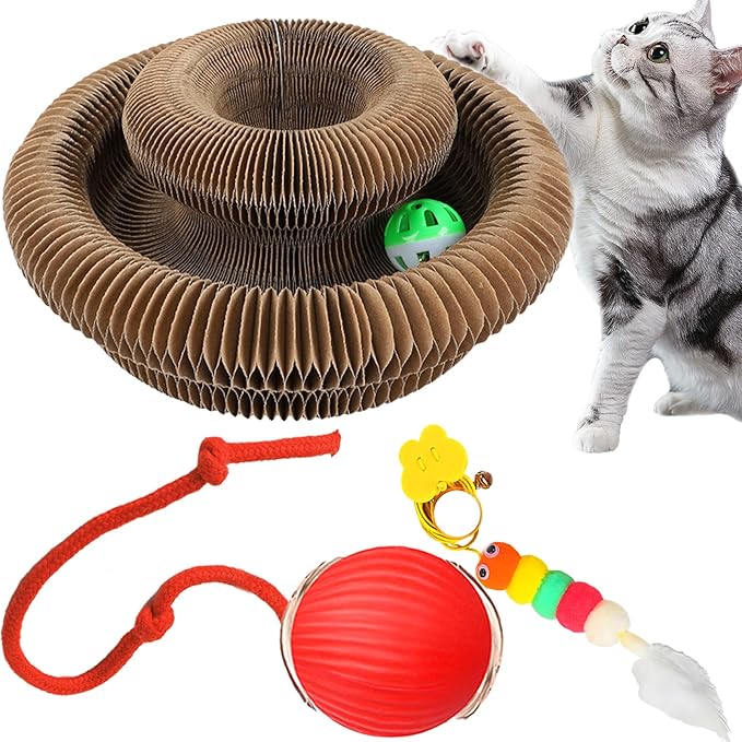 Kitty Curls Cat Toy Set, Magic Accordion Interactive Scratching Board with Bell Ball, Claw-Grinding Cat Scratching Board, Recyclable and Durable