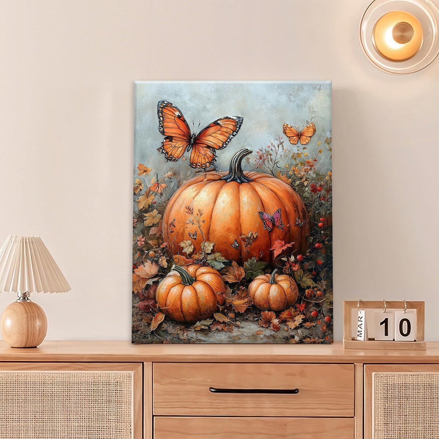Fall Pumpkin Pictures Wall Art, Rustic Thanksgiving Bathroom Wall Decor, Farmhouse Autumn Butterfly Framed Painting Canvas Artwork for Harvest Gift Bedroom Living Room Decorations 20"L x 16"W