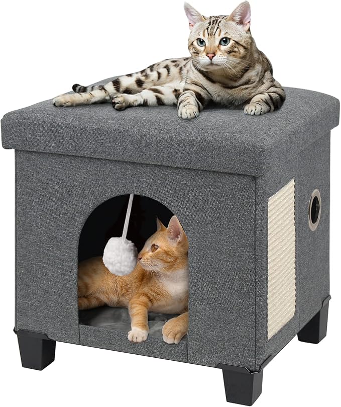 BRIAN & DANY Cat House for Indoor Cats, Cat Cave Bed for Pet, Cat Cube with Cat Scratch Board & Cat Ball, 14.7" x 14.1” x 12.7”, Gray