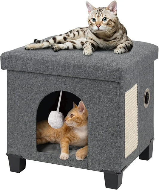 BRIAN & DANY Cat House for Indoor Cats, Cat Cave Bed for Pet, Cat Cube with Cat Scratch Board & Cat Ball, 14.7" x 14.1” x 12.7”, Gray