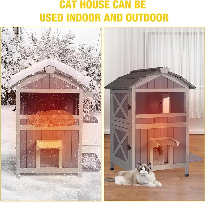Aivituvin Outdoor Cat House，Two-Story Feral Cat Shelter，Weatherproof Cat Enclosure for Winter with Escape Doors