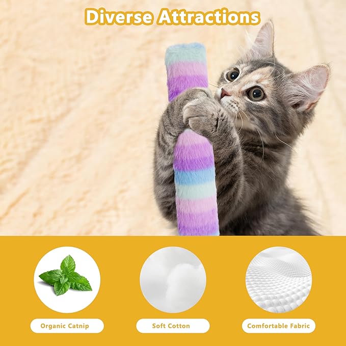 3 Pack Catnip Toys,Soft and Durable Cat Pillows Toys, Crinkle Sound Catnip Toys,Indoor Interactive Cat Kicker Toy, Companion Toys for Cats (Rainbow Set)