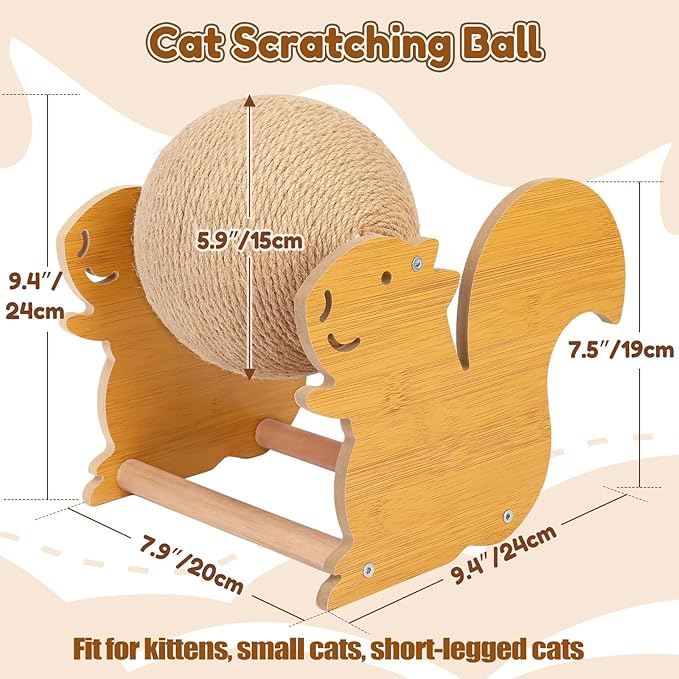 Outamateur Cat Scratching Ball Toy, Sisal Scratching Ball with Cute Stable Stand, Interactive Play and Exercise Toy for Kittens, Cats, Small Pets (Squirrel)