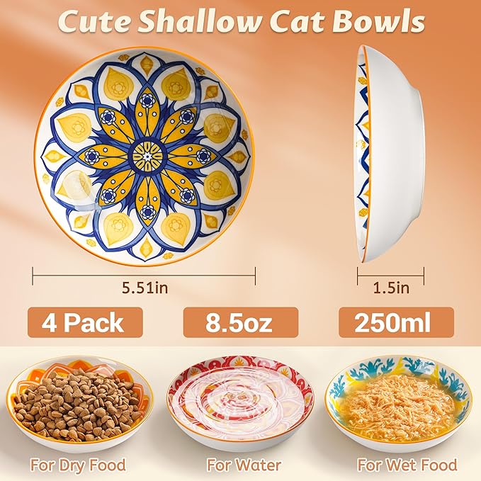 Cat Bowls, Ceramic Cat Food Bowl Set with Silicone Ring, Non-Slip Cats Dishes or Cute Plates for Feeding Indoor Cats, Kitten, Small Dogs (Bohemian-4 Pack, 5.5 Inches)