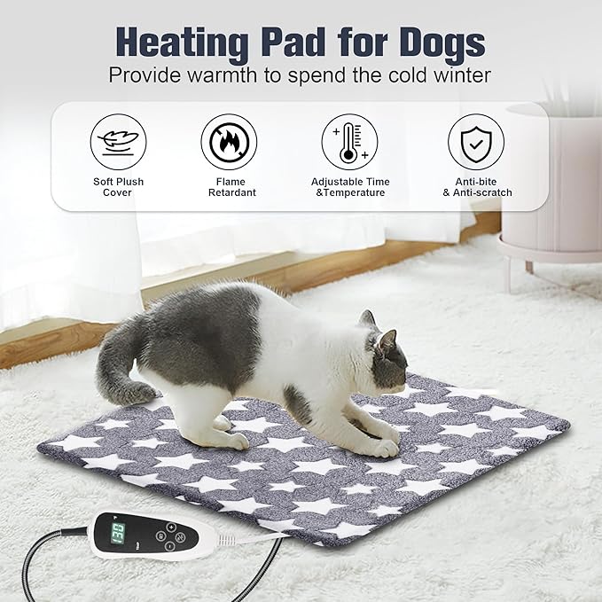 Cat Heating Pad, Waterproof Pet Heating Pad for Cats Dog Indoor, 11 Adjustable Temperature Cat Warming Bed Mat with Timer, Indoor Heated Bed with Chew Resistant Cord (S: 18'' L X 18W '')
