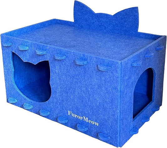 Cat House Cat Ear Design, Large Spacious Cozy Indoor Cat Bed Cave, Scratch Resistant Strong Thick Premium Felt Condo, Fun Hideaway for Multiple Cats, 21.5x13x11.6 inches (Blue)