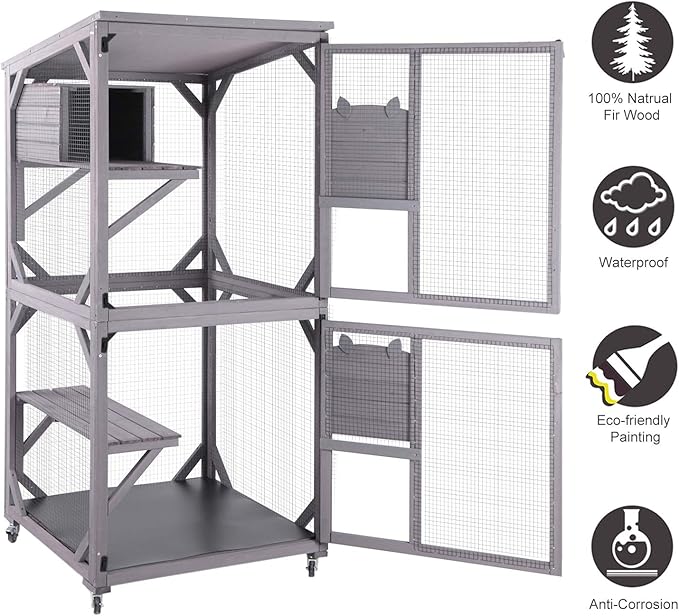 Aivituvin Cat Catio Kitty House Outdoor and Indoor Run Large Wooden Cat Enclosure on Wheels 70.9" Upgraded Version Kennel Cage with Reinforcement Wooden Strip,2 Sets Include