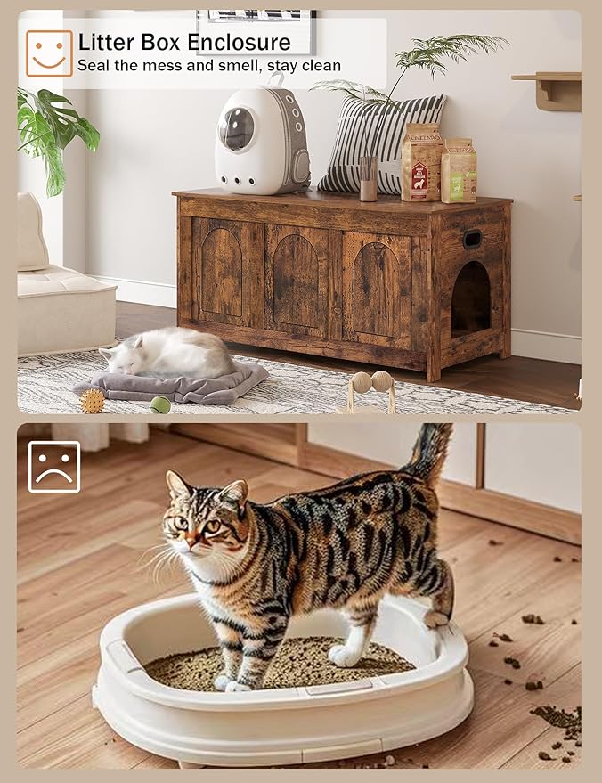DINZI LVJ Cat Litter Box Enclosure, Flip Top Litter Box Furniture, Farmhouse Hidden Cat Washroom, Wooden Pet House, End Side Table, 39.4"L x 19.7"W x 19.7"H, Sturdy and Easy to Assemble, Rustic Brown