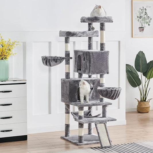 Cat Tree for Indoor Cats Large Adult, 66.9 Inches Multi-Level Tall Cat Tower with Sisal Scratching Posts, Large Plush Perches, Spacious Condos, Baskets, Hammock & Scraping Ladder (Light Gray)