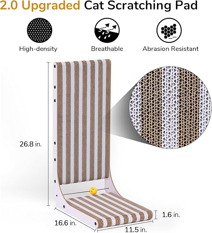 FUKUMARU Cat Scratcher, 26.8 Inch L Shape Cat Scratch Pad, Strip Pattern Cats Scratching Post Wall Mounted, Cardboard Cats Scratcher with Ball Toy for Indoor Kitty, Fun Playing Box Included, L