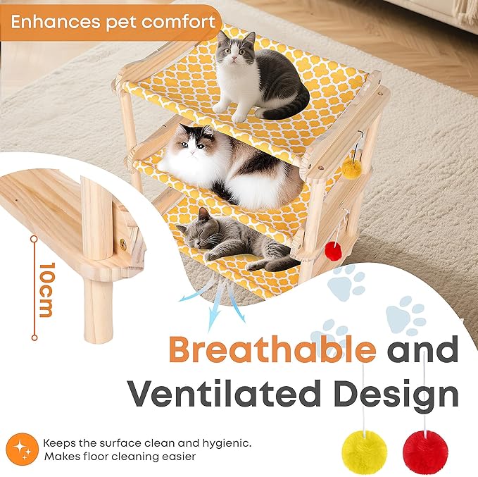 Large 3-Layer Cat Hammock Bed, 24"x15.7"x26.8" Elevated Cat Bed with Pine Wood Frame, Breathable Washable Covers, Wooden Pet Furniture for Indoor Cats and Small Animals (Orange, 3-Tier)