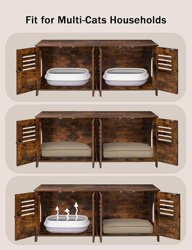 DINZI LVJ Litter Box Enclosure for 2 Cats, Hidden Litter Box Furniture with Double Rooms, Dual Cat Litter House, Front Doors, 47.2" Wooden Hidden Cat Washroom, Side End Table, TV Stand, Rustic Brown