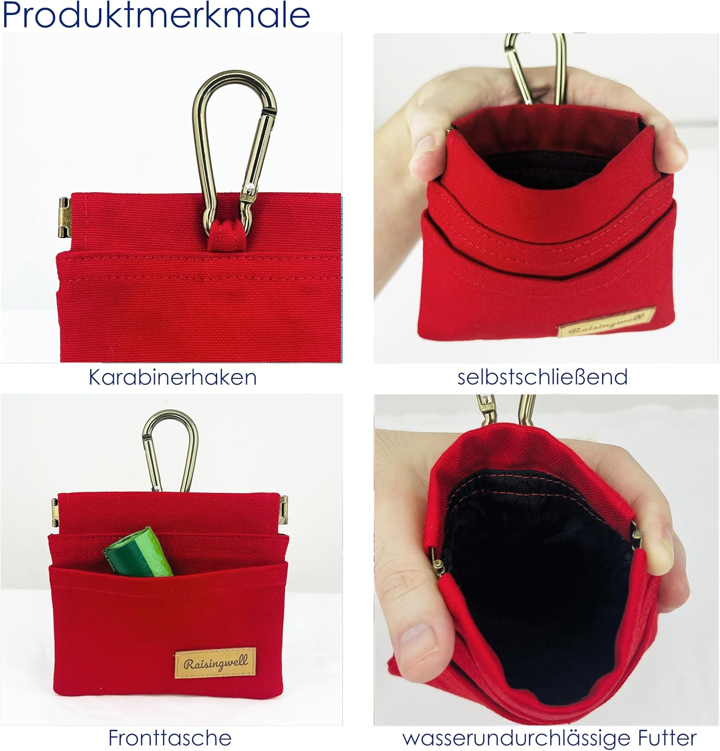 Dog Treat Pouch, Red Pocket Sized Pet Training Pouch, Cotton Fabric, Hand Free Dog Walking Bag with Carabiner, Self-Closing Pet Feed Snack Reward, for Puppy Travel or Outdoor Use