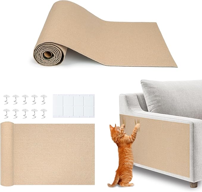 Best Pet Supplies Catify Peel & Stick Cat Scratching Mat – Self-Adhesive, Trimmable Cat Scratch Pad Cover - Carpet, Sofa, Furniture Protector – Replaceable Adhesive Stickers - Beige & 78.7 x 15.8