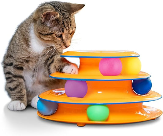 Catstages Tower of Tracks 3-Level Cat Track Toy with 6 Balls, Interactive Toy for Indoor Cats, Orange
