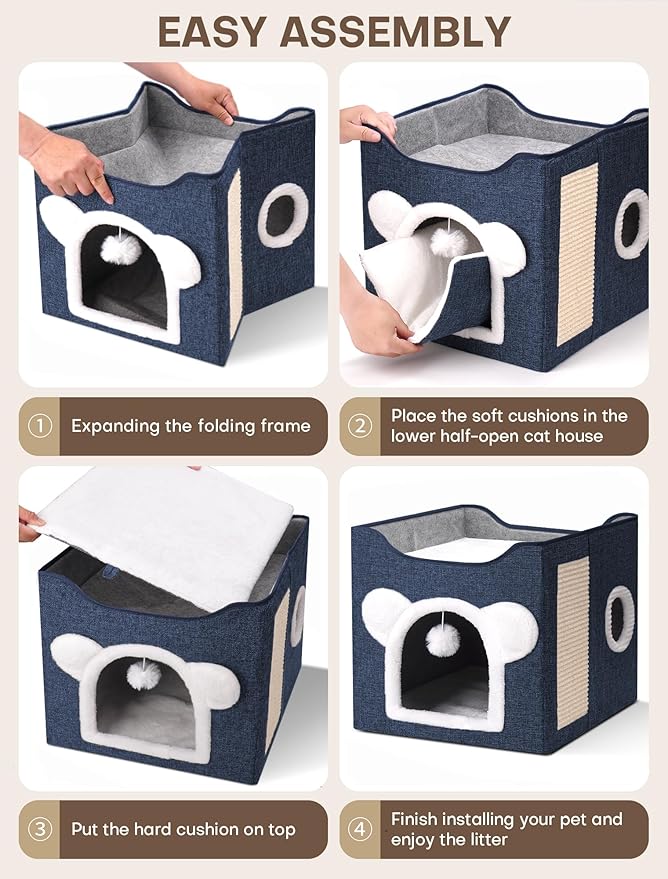 Cat Houses for Indoor Cats, Large Cat Cave with Fluffy Ball and Scratch Pad, Covered Cat Bed House, Foldable Cat Hideaway