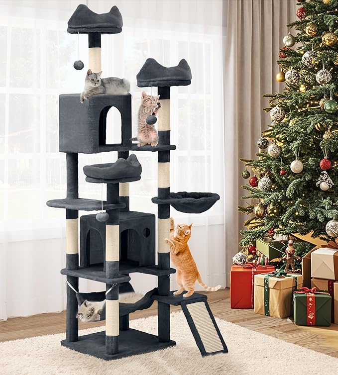 YITAHOME Tall Cat Tree for Indoor Cats, 75 inch Multi-Level Cat Tower with Cat Condos, Top Perches, Sisal Ramp Scratching Posts, Cozy Basket, Hammocks, Large Cat Pet Activity Structure, Dark Grey