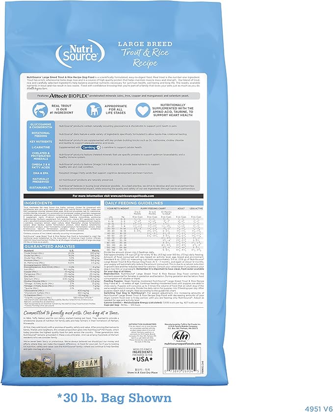 NutriSource Dog Food, Made with Trout and Rice, Large Breed, with Wholesome Grains, 30LB, Dry Dog Food