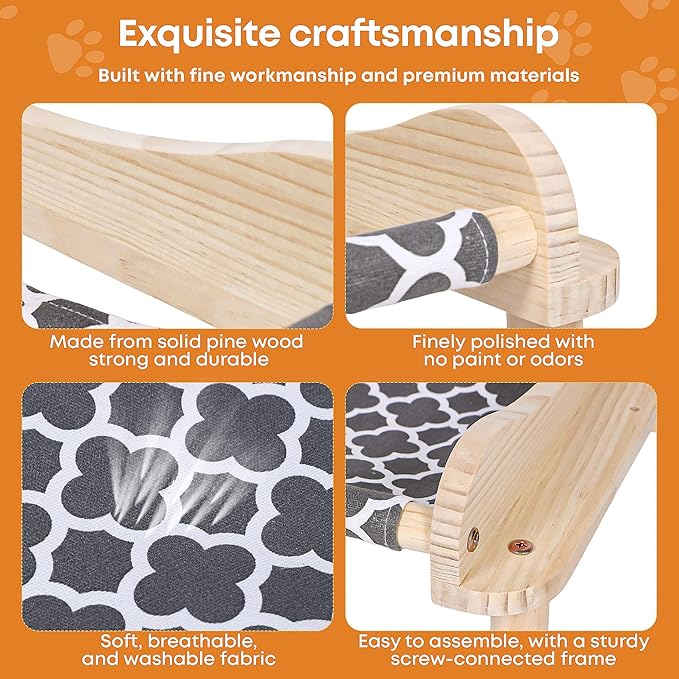 2-Layer Cat Hammock Bed, 24"x15.7"x16.3" Elevated Cat Bed with Pine Wood Frame, Breathable Washable Covers, Wooden Pet Furniture for Indoor Cats and Small Animals (Grey-2)