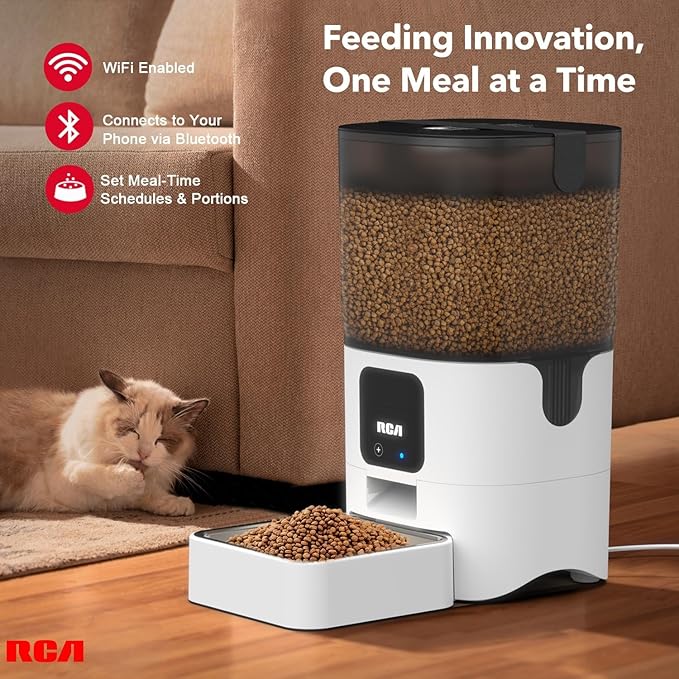 RCA Pet Rabbit, Cat & Dog Feeder, 6-Liters | Smart, WiFi, RCA App Control for Remote Feeding, Dishwasher Safe Bowls, Compatible with Alexa & Google, BPA-Free Materials