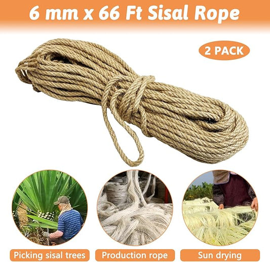 2 Pack Cat Natural Sisal Rope for Scratching Post Tree Replacement, Hemp Rope for Repairing, Replacement Cat Tree and Tower DIY Scratcher (6 mm 66 Ft)