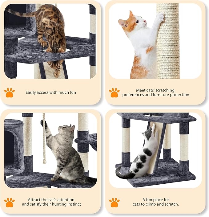 Yaheetech Multi-Level Cat Trees Cat Towers 79in Cat Tree for Indoor Cats with Sisal-Covered Scratching Posts, Plush Perches and Stable Condo for Kittens, Cats and Pets, Dark Gray