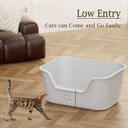 Large Litter Box with High Sides 21.5 * 16.1 * 10.4 inches Big Litter Boxes for Large Cats Easy Clean Open Cat Litter Box, Anti-Splashing&Leak-Proof, Grey