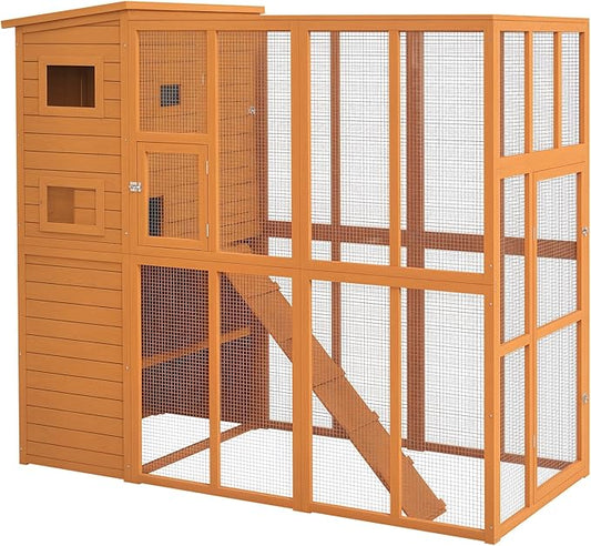 PawHut Catio Outdoor Cat Enclosure, Wooden Cat Patio with Platforms, Waterproof Asphalt Roof, Ramps, 77" L, Natural