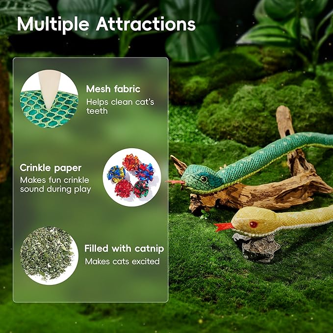 Potaroma Cat Toys Realistic Snake Catnip Crinkly Sound Toy 2 Pcs, Mesh Fabric for Teeth Cleaning, Interactive Kicker Toys for Indoor Kitten Exercise 20 Inches, Green and Yellow