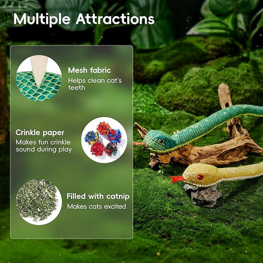 Potaroma Cat Toys Realistic Snake Catnip Crinkly Sound Toy 2 Pcs, Mesh Fabric for Teeth Cleaning, Interactive Kicker Toys for Indoor Kitten Exercise 20 Inches, Green and Yellow