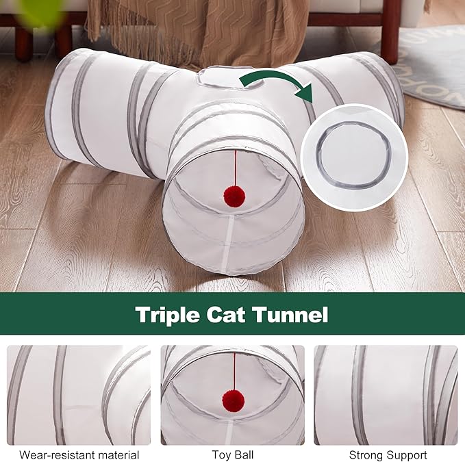 Love's cabin Cat Tunnel Tube Toys 3 Way Collapsible, Cat Tunnels for Indoor Cats，Kitten Tunnel Bored Pet Play Tunnel with Peek Hole Toy Ball for Kitty, Kitten, Rabbit, Light Gray&Gray