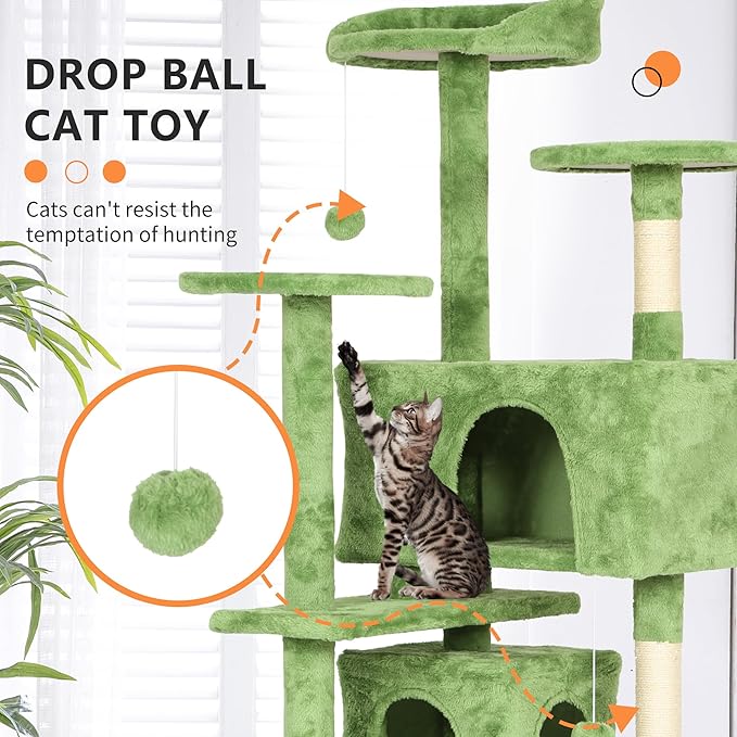 BestPet 54in Cat Tree Tower for Indoor Cats,Multi-Level Cat Furniture Activity Center with Cat Scratching Posts Stand House Cat Condo with Funny Toys for Kittens Pet Play House,Green