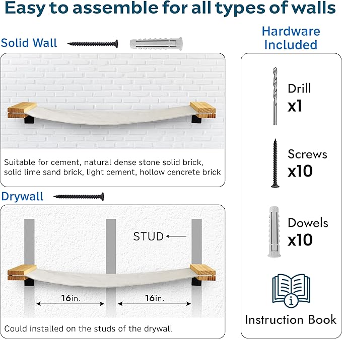 Cat Wall Hammock | Cat Shelves for Wall | Bridge, Shelf and Perches | Modern Wall Furniture for Indoor Cats | Mounted Hammock Bed for Sleeping, Playing, and Lounging.