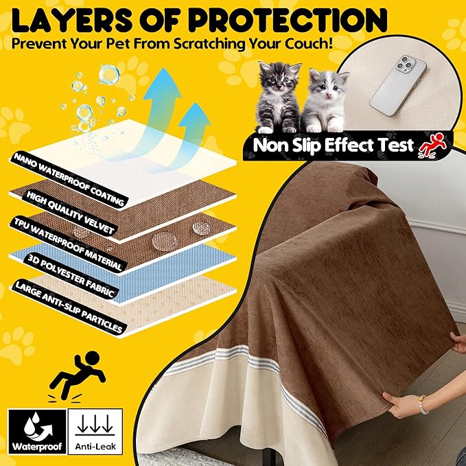 Loiion Cat Scratch Furniture Protector - Anti-Slip, Waterproof Sofa Cover to Keep Cats Off, Pet-Friendly Couch Protectors for 3 Cushion Couch, Anti-Scratch Couch Cover for Pets and Kids 118"X91"Brown