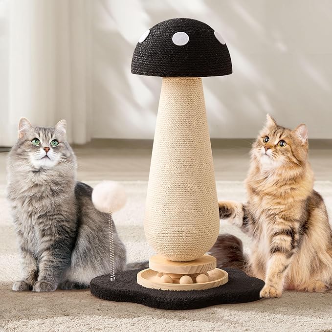 21.5‘’ H Cat Scratching Post with Catnip,Cute Mushroom Cat Scratcher Post with Durable Natural Solid Wood Turntable Toy, Solid Black Mushroom Shape Cat Toy Cat Sisal Scratcher for Indoor Cats