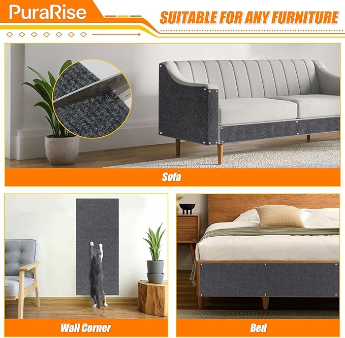 2PCS Cat Scratch Furniture Protector Mat DIY Self-Adhesive,39.3”X 15.8”，Includes Nano Adhesive and Fixing Nails (Gray)，for Sofa, Walls, Floors，Cat Tree,Door, Durable & Pet-Friendly